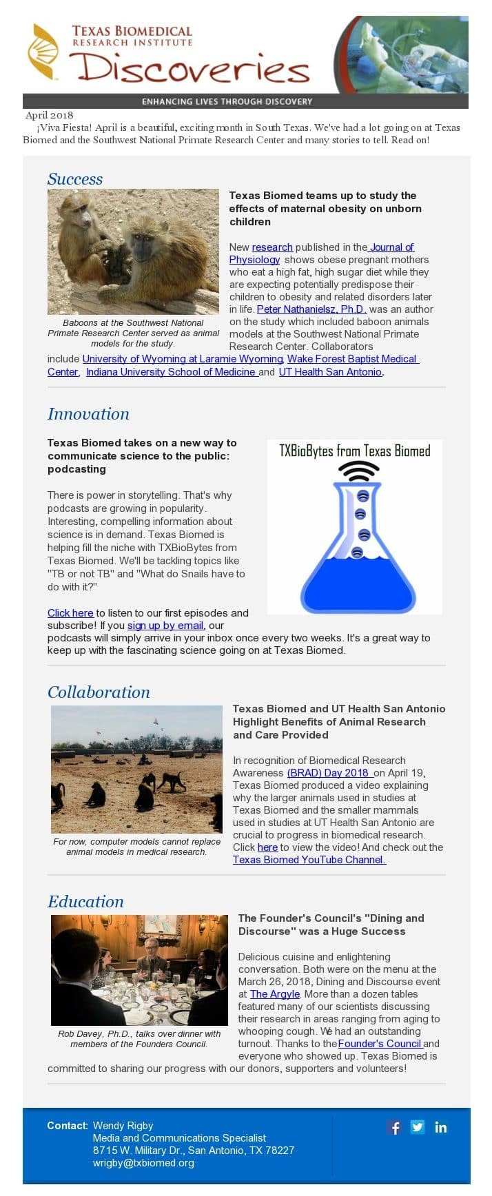 Texas Biomed Discoveries Enewsletter April 2018