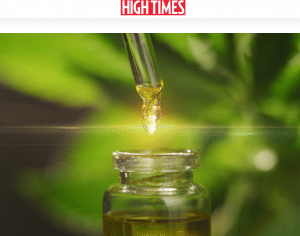 picture, green background, of a dropper above a bottle with the words high times above the picture