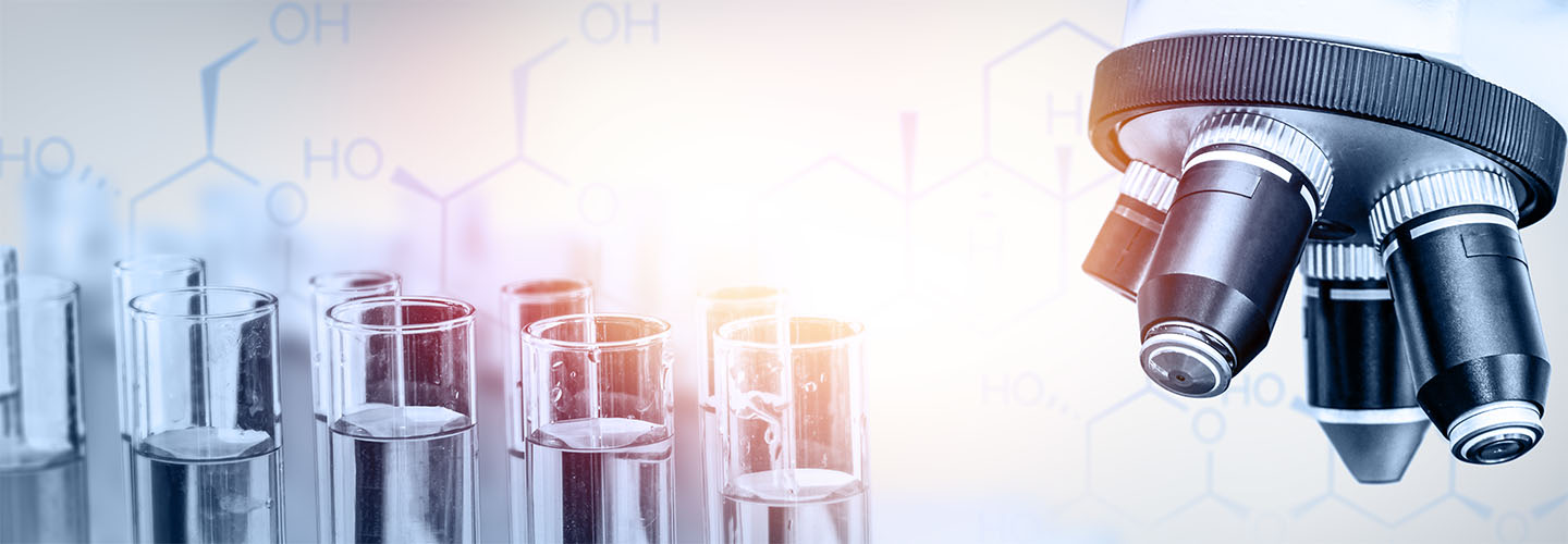 Stock Banner of molecules and testubes and a microscope